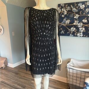 Adrianna Papell Black and silver Sheath Mini Dress with lace/beaded fringe sz 12